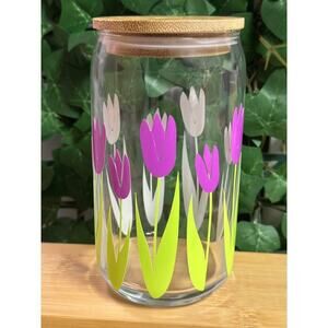 Violet Tulips Flower Color Changing Glass Can with Bamboo Lid & Glass Straw 16oz